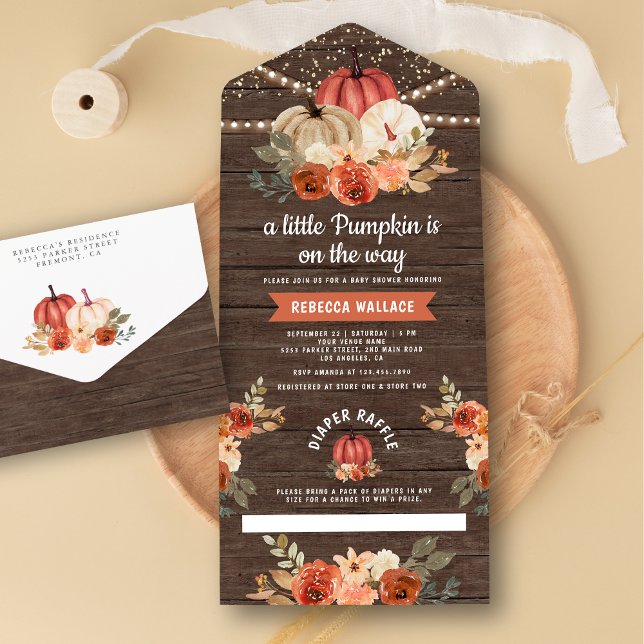 Little Pumpkin Rustic Wood Terracotta Baby Shower All In One Invitation (Creator Uploaded)