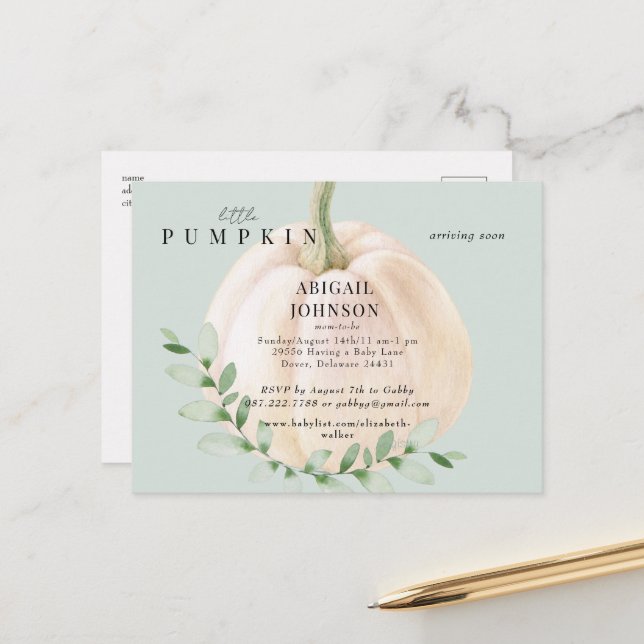 Little Pumpkin Sage Baby Shower Announcement Postcard (Front/Back In Situ)