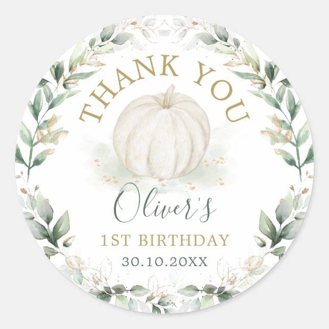 Little Pumpkin Sage Greenery Gold Wreath Birthday Classic Round Sticker (Front)