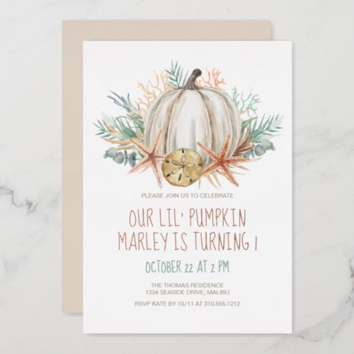 Little Pumpkin Seashells Fall Birthday Foil Invitation