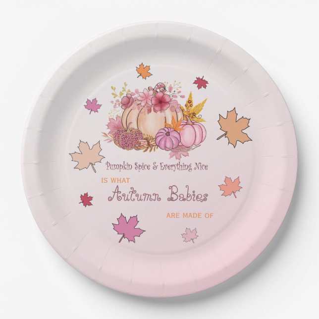 Little Pumpkin Spice & Nice Fall Leaves Pink Baby  Paper Plates (Front)