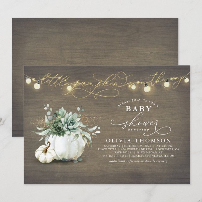 Little Pumpkin Succulents Rustic Fall Baby Shower  Invitation (Front/Back)