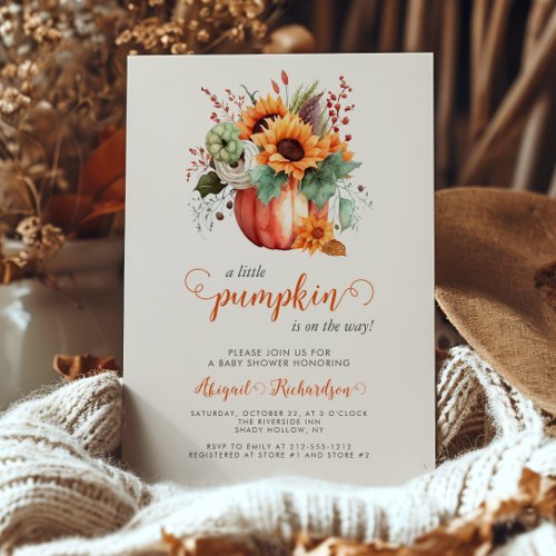 Little Pumpkin Sunflower Floral Fall Baby Shower Invitation