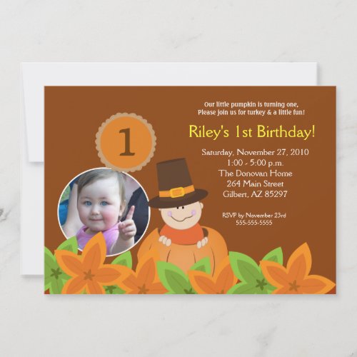 Little Pumpkin Thanksgiving 5x7 Photo Birthday Invitation