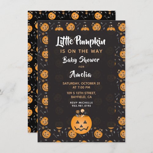 Little Pumpkin Trick Or Treat Baby Shower Invitation
