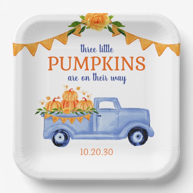 Little Pumpkin Triplet Boy Baby Shower  Paper Plates (Front)