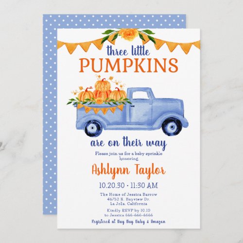 Little Pumpkin Triplet Boy Baby Sprinkle Invitation