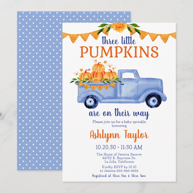 Little Pumpkin Triplet Boy Baby Sprinkle Invitation (Front/Back)