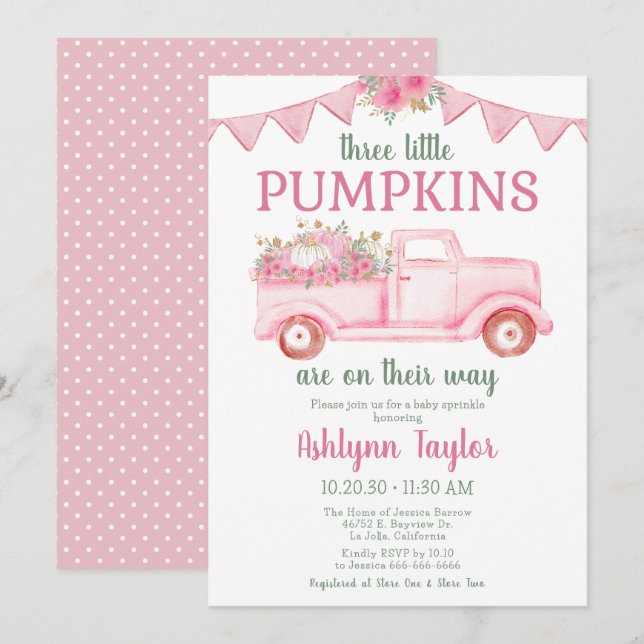 Little Pumpkin Triplet Girl Baby Sprinkle Invitation (Front/Back)