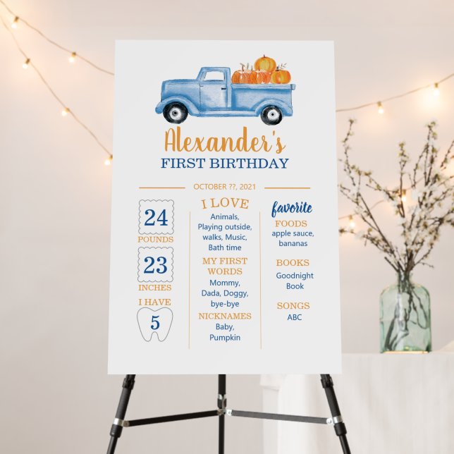 Little Pumpkin TRUCK 1ST Birthday Blue Milestone Foam Board (In Situ (Stand))