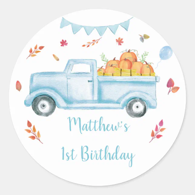 Little Pumpkin Truck Birthday Classic Round Sticker | Zazzle