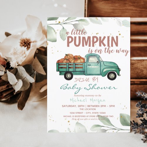 Little Pumpkin Truck Drive By Baby Shower Invitation