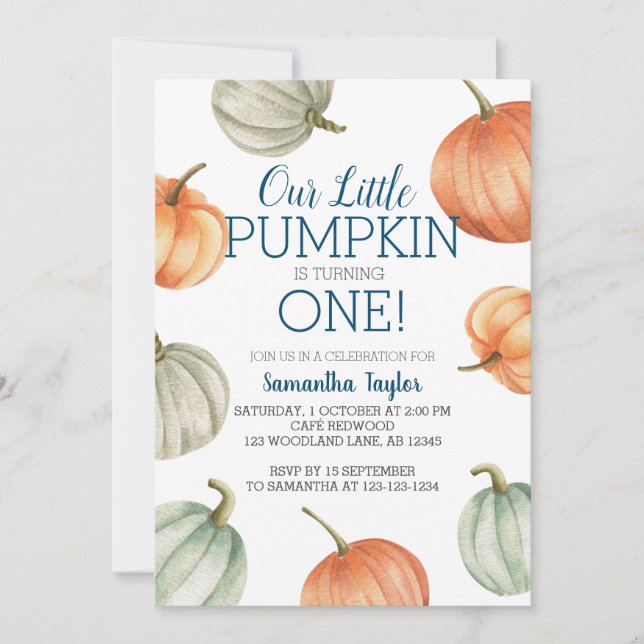 Little Pumpkin, Turning One, 1st Birthday Invitation (Front)