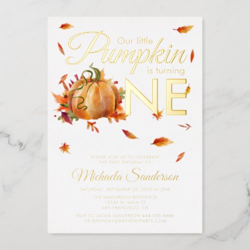 Little Pumpkin Turning One Autumn Fall Birthday Foil Invitation