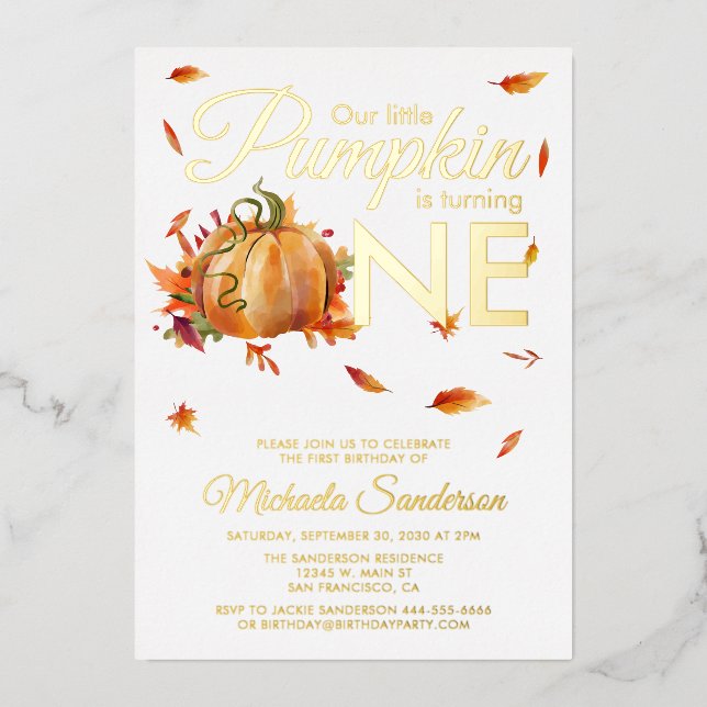 Little Pumpkin Turning One Autumn Fall Birthday Foil Invitation (Front)