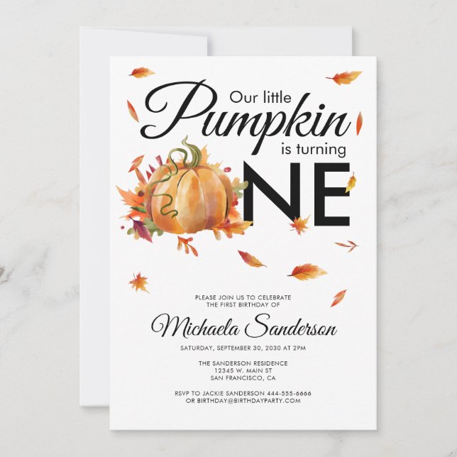 Little Pumpkin Turning One Autumn Fall Birthday Invitation (Front)