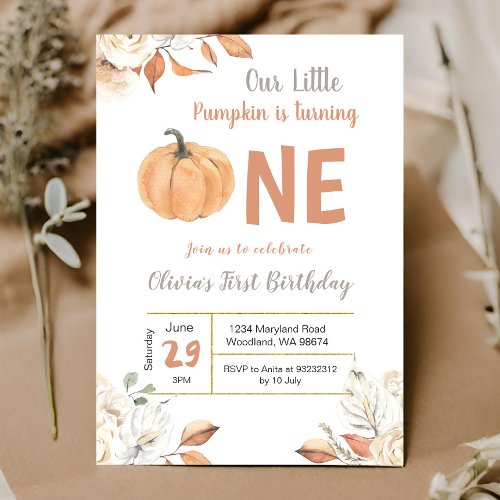 Little Pumpkin Turning One Birthday invitation