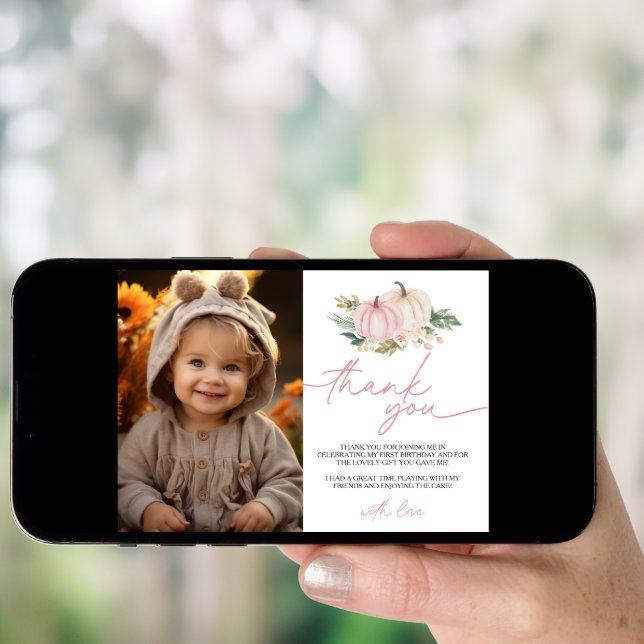 Little Pumpkin Turning One Birthday Thank You Card (Front Digital)