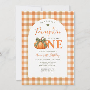 Little Pumpkin Turning One Fall Gingham Birthday  Invitation