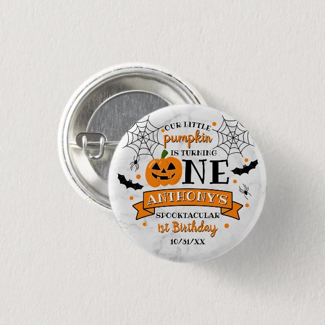 Little Pumpkin Turning One Halloween 1st Birthday Button (Front & Back)