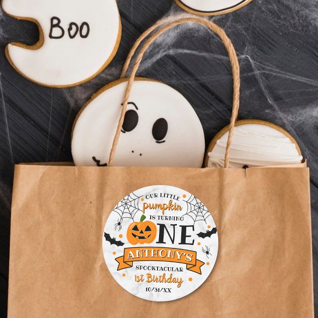 Little Pumpkin Turning One Halloween 1st Birthday Classic Round Sticker (Creator Uploaded)