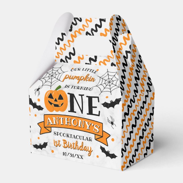 Little Pumpkin Turning One Halloween 1st Birthday Favor Boxes (Front Side)