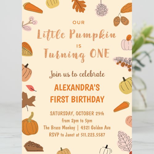 Little Pumpkin Turning One Halloween 1st Birthday  Invitation
