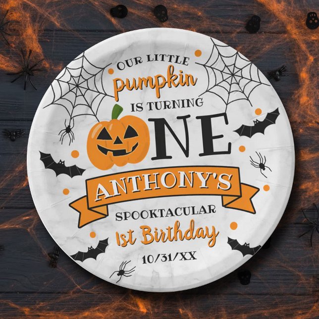 Little Pumpkin Turning One Halloween 1st Birthday Paper Plates (Creator Uploaded)