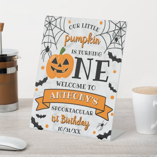 Little Pumpkin Turning One Halloween 1st Birthday Pedestal Sign