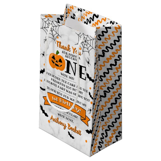 Little Pumpkin Turning One Halloween 1st Birthday Small Gift Bag (Front Angled)