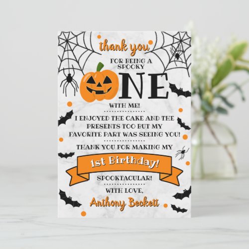 Little Pumpkin Turning One Halloween 1st Birthday Thank You Card