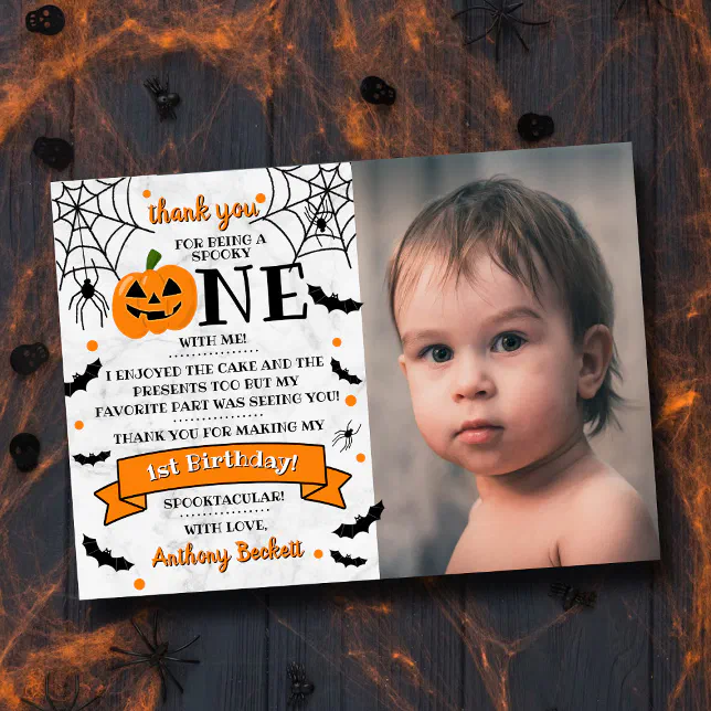 Little Pumpkin Turning One Halloween 1st Birthday Thank You Card | Zazzle