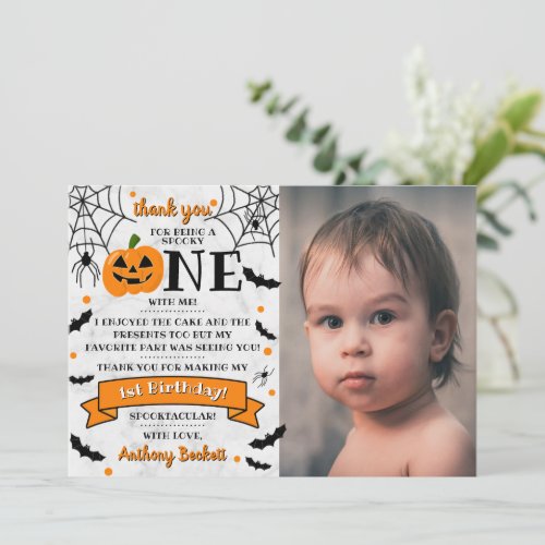 Little Pumpkin Turning One Halloween 1st Birthday Thank You Card