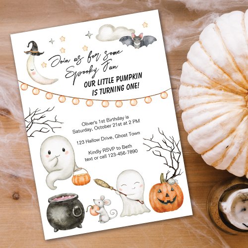 Little Pumpkin Turning One Spooky Fun 1st Birthday Invitation