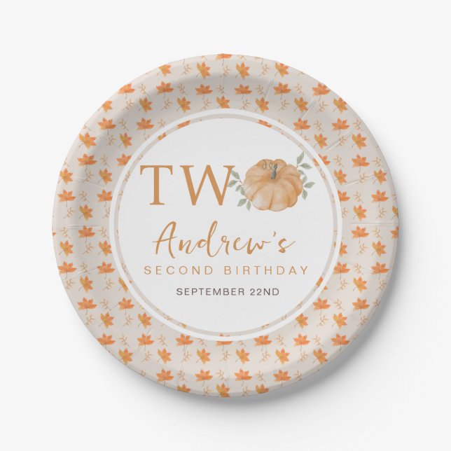 Little Pumpkin Turning Two Autumn 2nd Birthday Paper Plates (Front)