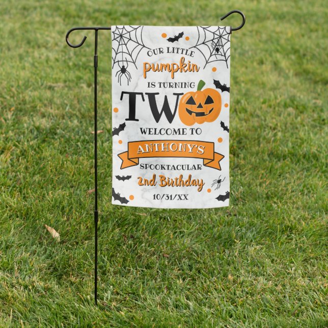 Little Pumpkin Turning Two Halloween 2nd Birthday Garden Flag (In SItu)