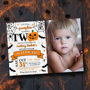 Little Pumpkin Turning Two Halloween 2nd Birthday Invitation
