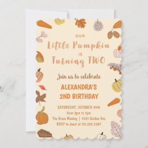 Little Pumpkin Turning two Halloween 2nd Birthday Invitation