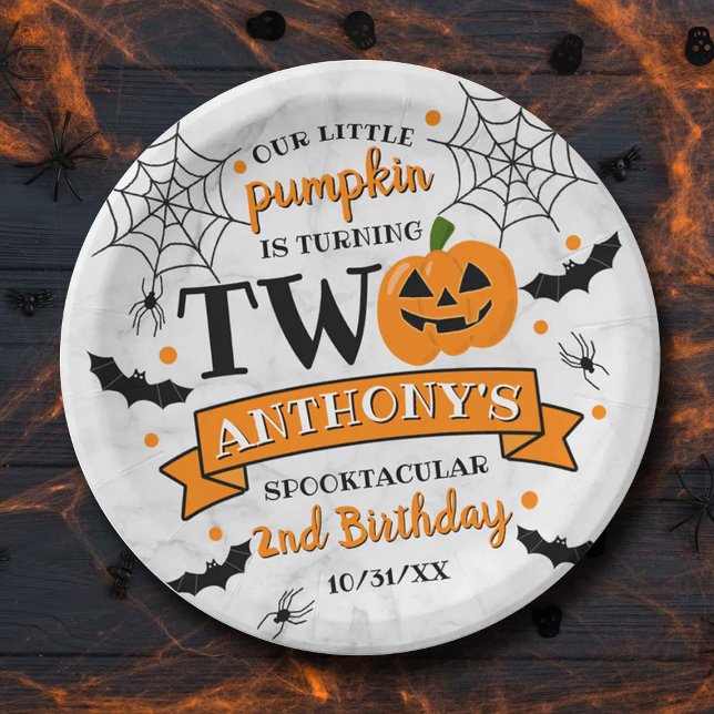 Little Pumpkin Turning Two Halloween 2nd Birthday Paper Plates (Creator Uploaded)