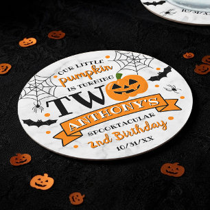 Little Pumpkin Turning Two Halloween 2nd Birthday Round Paper Coaster