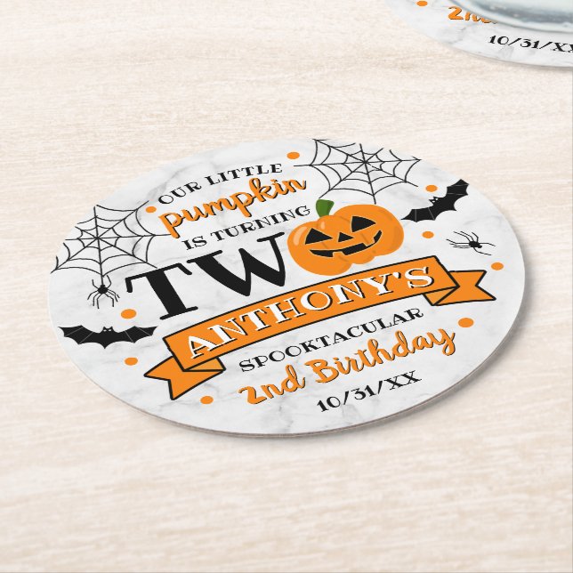 Little Pumpkin Turning Two Halloween 2nd Birthday Round Paper Coaster (Angled)