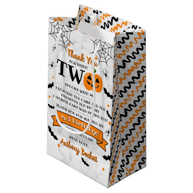 Little Pumpkin Turning Two Halloween 2nd Birthday Small Gift Bag (Front Angled)