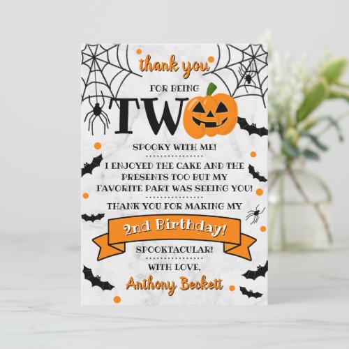 Little Pumpkin Turning Two Halloween 2nd Birthday Thank You Card