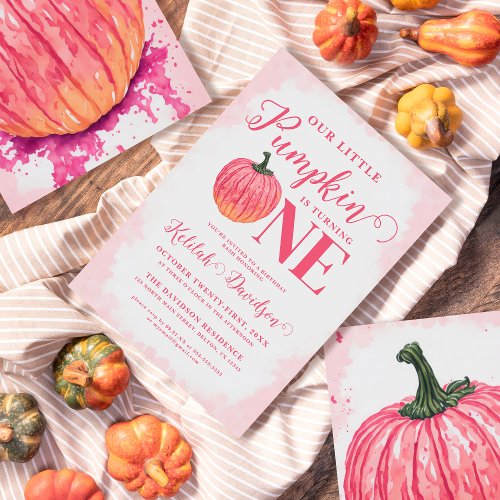 Little Pumpkin Turns One Watercolor 1st Birthday Invitation