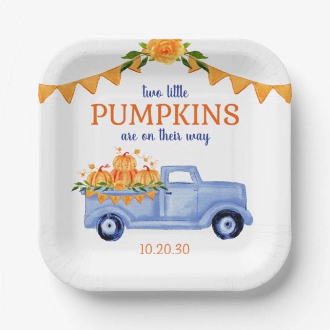 Little Pumpkin Twin Boy Baby Shower  Paper Plates (Front)