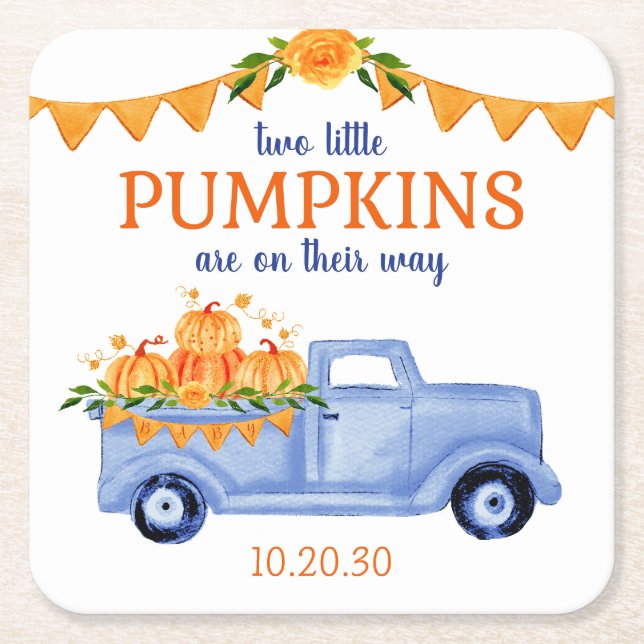 Little Pumpkin Twin Boy Baby Shower Square Paper Coaster (Front)