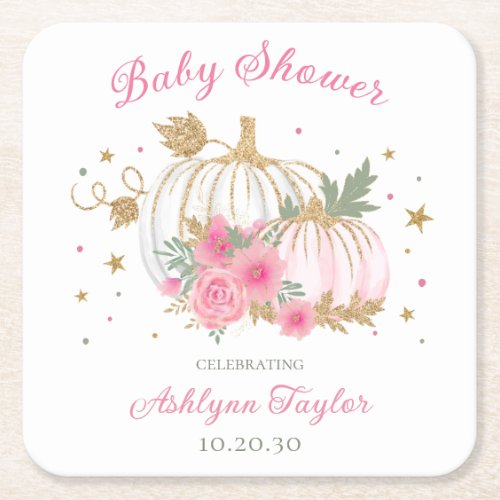 Little Pumpkin Twin Girl Baby Shower Square Paper Coaster