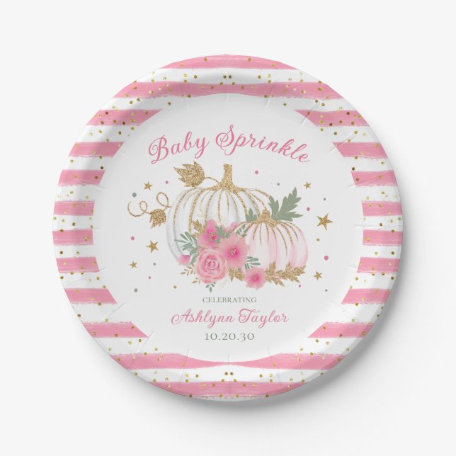 Little Pumpkin Twin Girl Baby Sprinkle Paper Plates (Front)