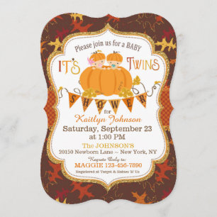 Little Pumpkin Twins Fall Leaves Baby Shower Invitation
