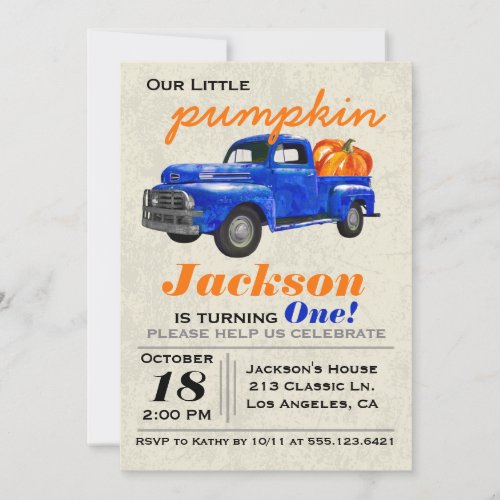 Little Pumpkin Vintage Car Boy Birthday Invitation